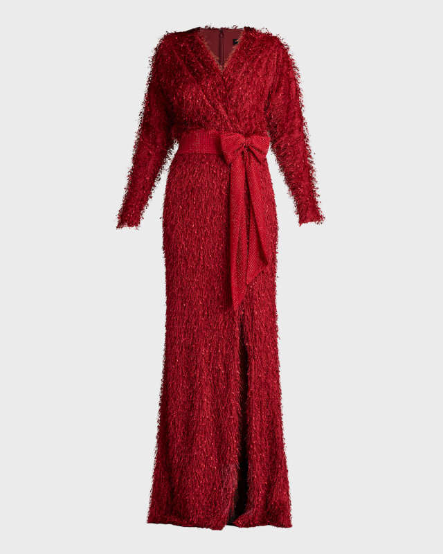 Bow & Eyelash Fringe Side-Slit Column Gown